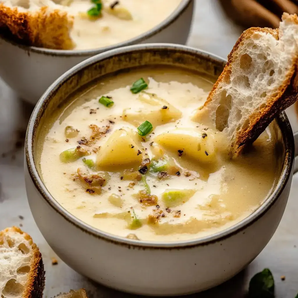 Sopa cremosa de textura aveludada com alho dourado, acompanhada de torradas crocantes e cebolinha fresca.
