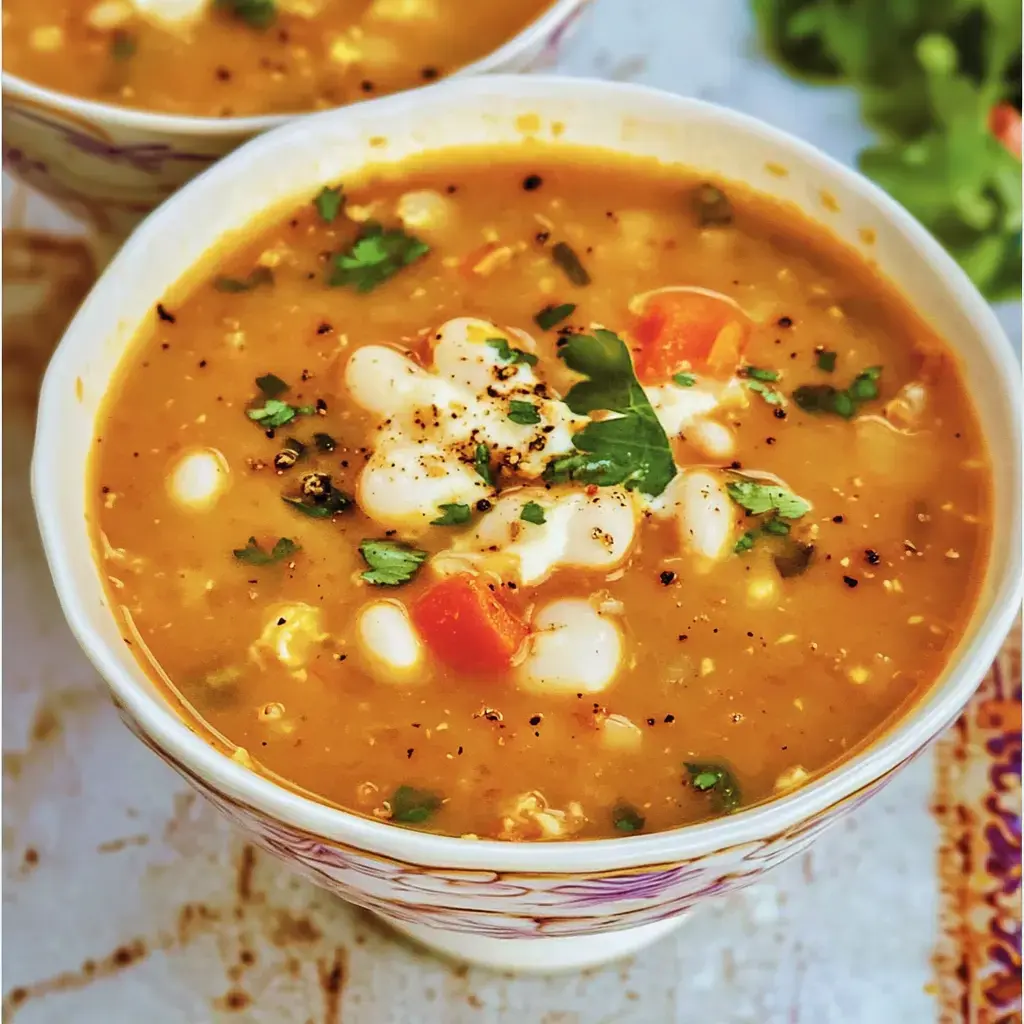 Close de tigelas com sopa guarnecidas com feijão branco, coentro e cenouras picadas.
