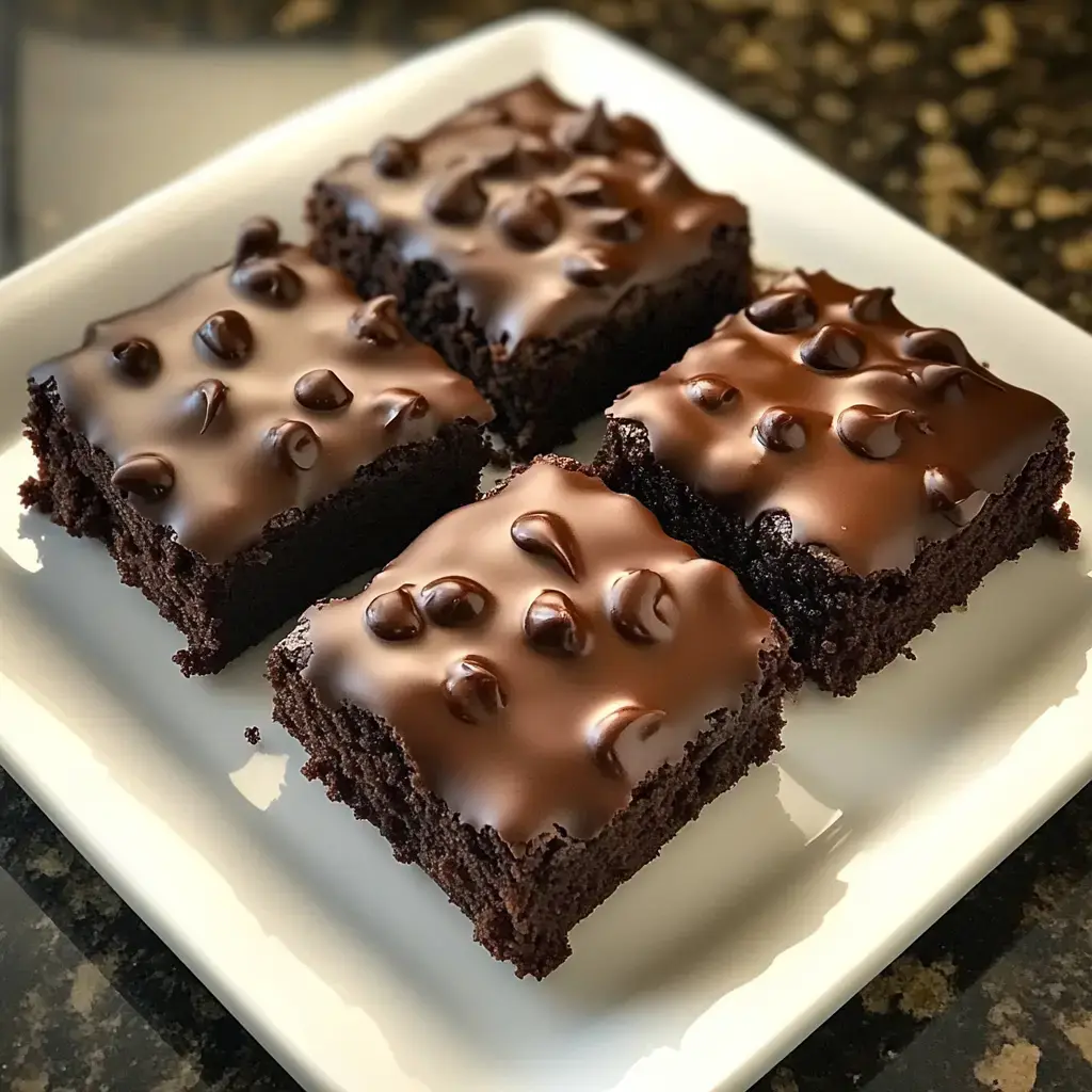 Um prato com quatro brownies de chocolate cobertos com uma ganache brilhante e pedacinhos de chocolate.