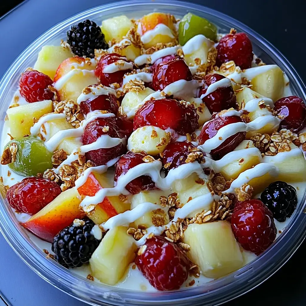 Uma tigela transparente cheia de frutas frescas coloridas, cobertas com granola e um fio de iogurte.