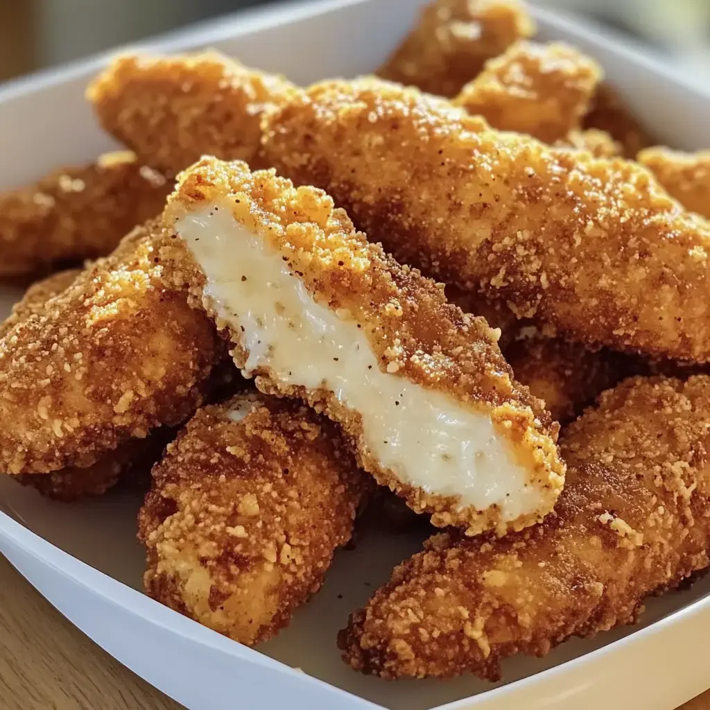 Um prato com palitos de frango crocantes dourados, sendo que um dos pedaços está cortado mostrando o interior suculento.