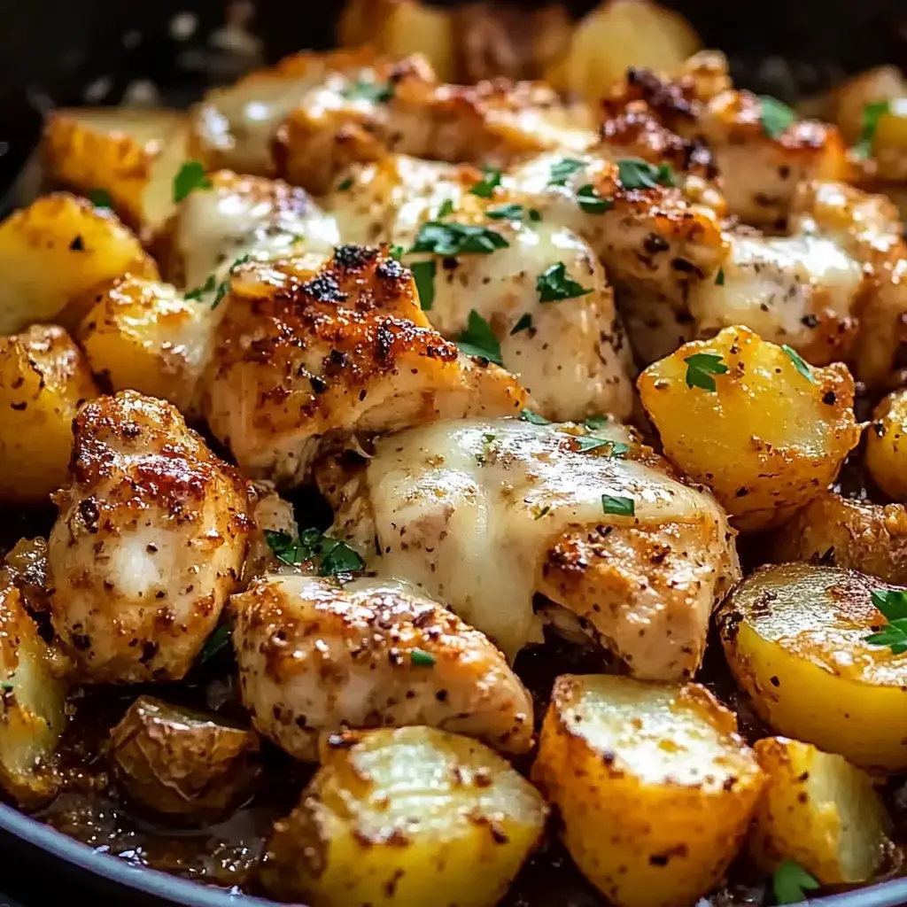Uma imagem em close de pedaços de frango temperados com batatas douradas, cobertos com queijo e decorados com salsa fresca.