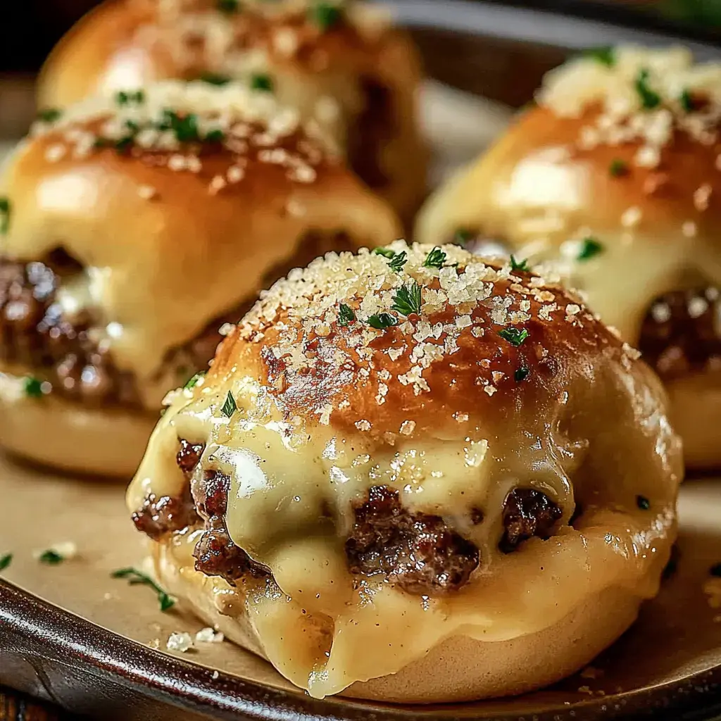 Imagem de pãezinhos dourados com queijo derretido, ervas e carne temperada.
