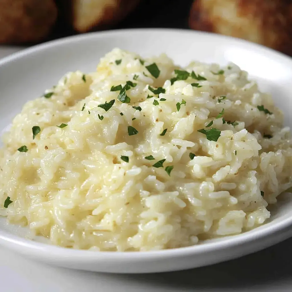 Um close de risoto cremoso finalizado com salsinha picada, servido em uma tigela branca.