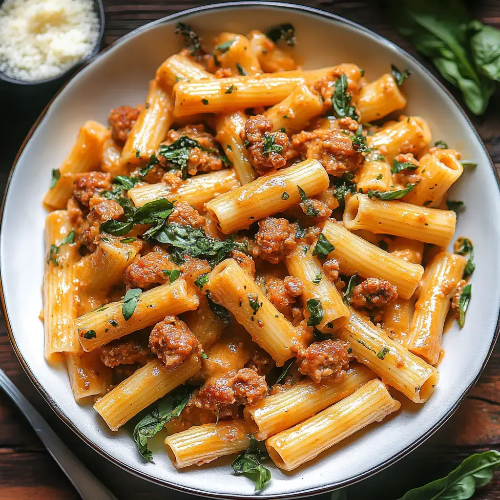 Uma tigela de rigatoni coberta com linguiça e decorada com ervas frescas em um molho cremoso.