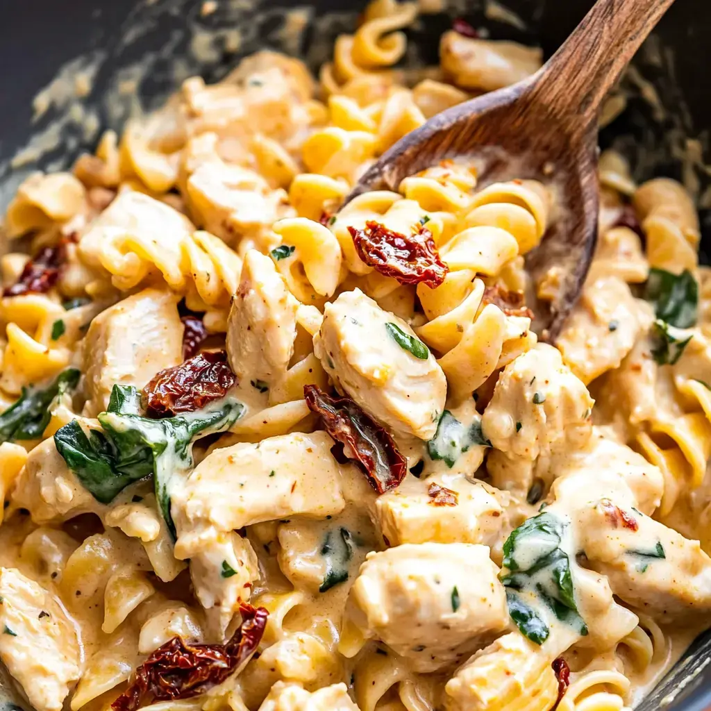 Um prato cremoso de massa com rotini, pedaços de frango, espinafre e tomates secos, mexido com uma colher de madeira.