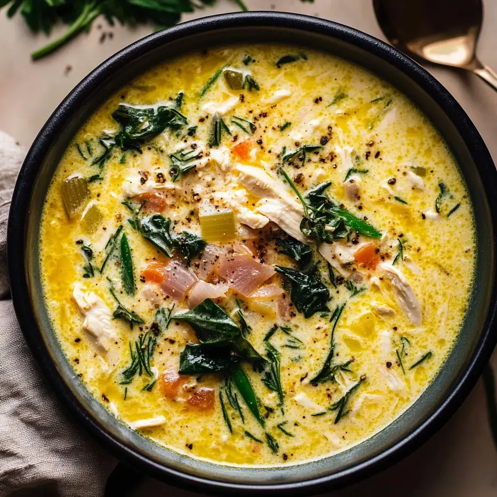 Um close de uma sopa cremosa com frango, espinafre e vegetais variados em uma tigela escura.