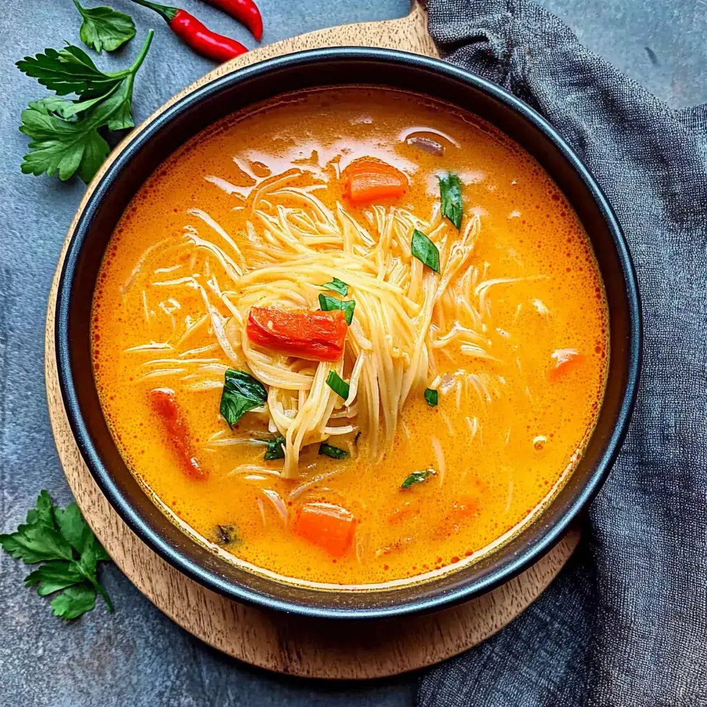 Uma tigela com sopa de cor laranja cremosa, macarrão fino, pedaços de pimentão vermelho e ervas verdes colocada sobre uma superfície de madeira.