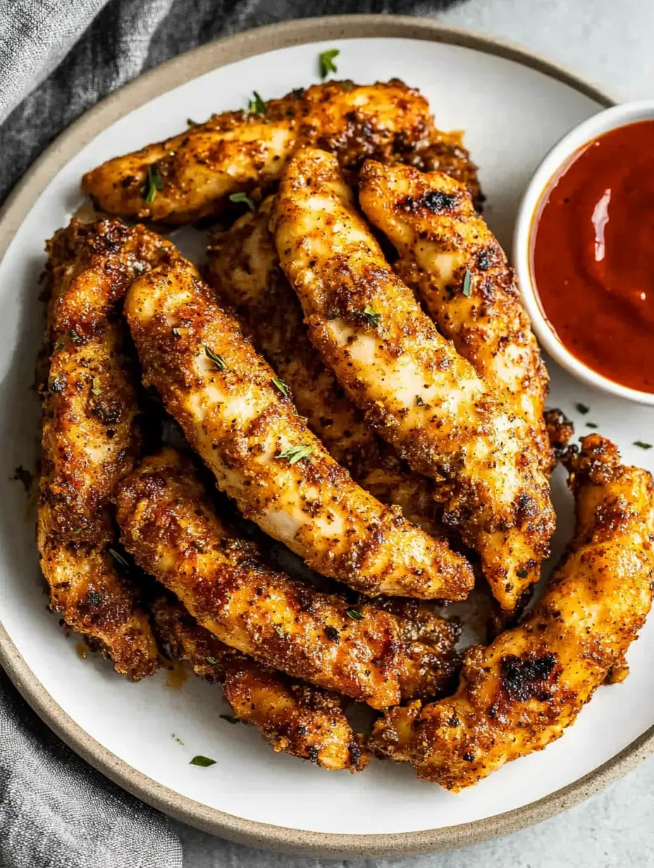 Um prato de tirinhas de frango crocantes ao lado de uma pequena tigela de molho para mergulhar.
