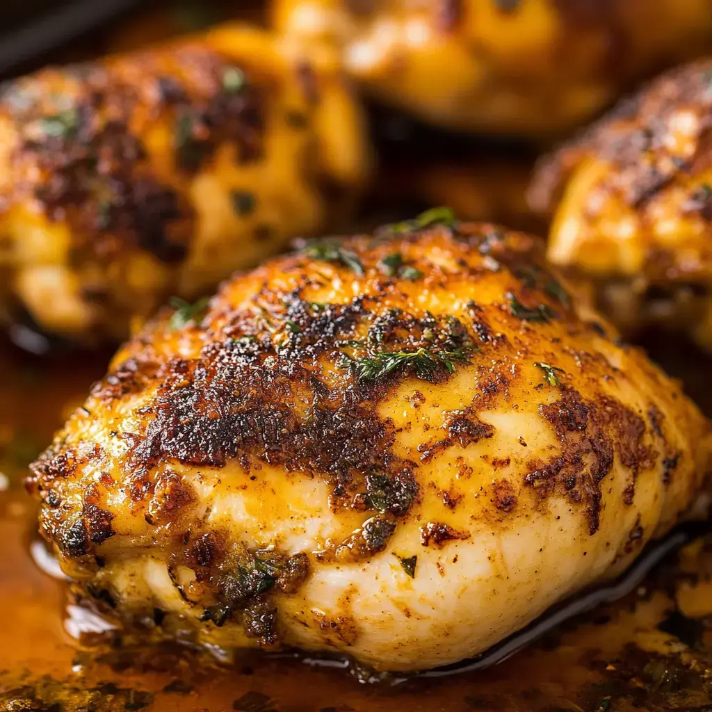 Frango assado perfeitamente temperado com especiarias e ervas, mergulhado em um molho saboroso.