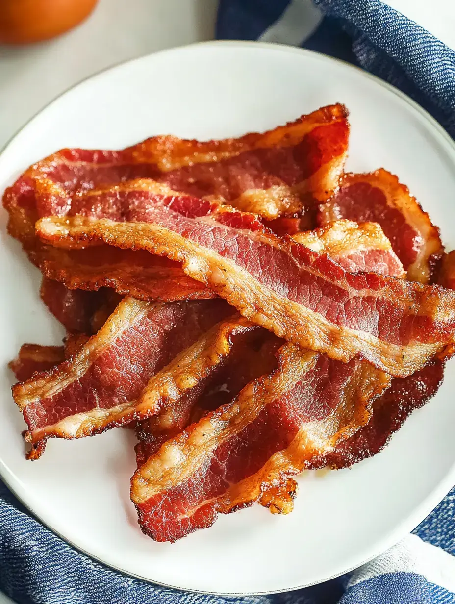 Prato com tiras de bacon crocante douradas, bem organizadas.