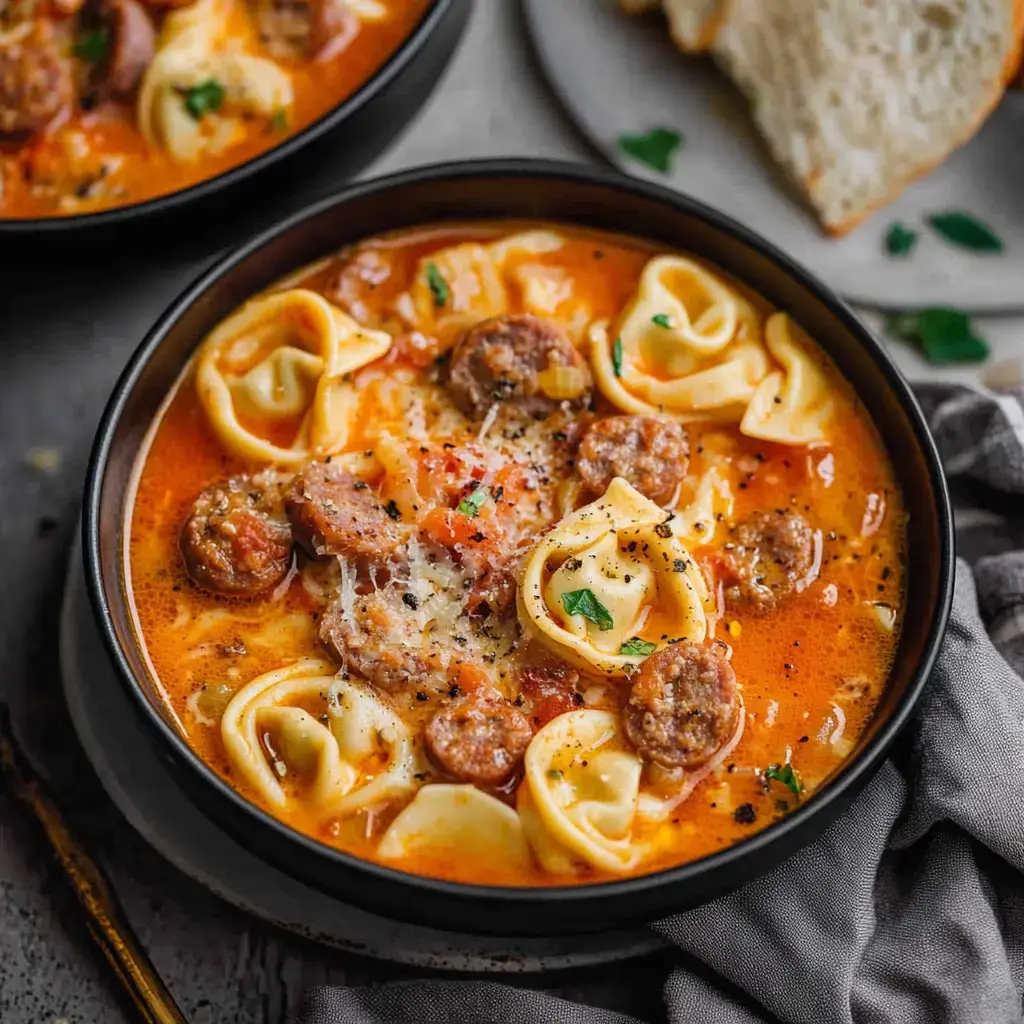 Um close de uma tigela de sopa cremosa de tortellini com linguiça, tomates e ervas, acompanhada de uma fatia de pão ao lado.