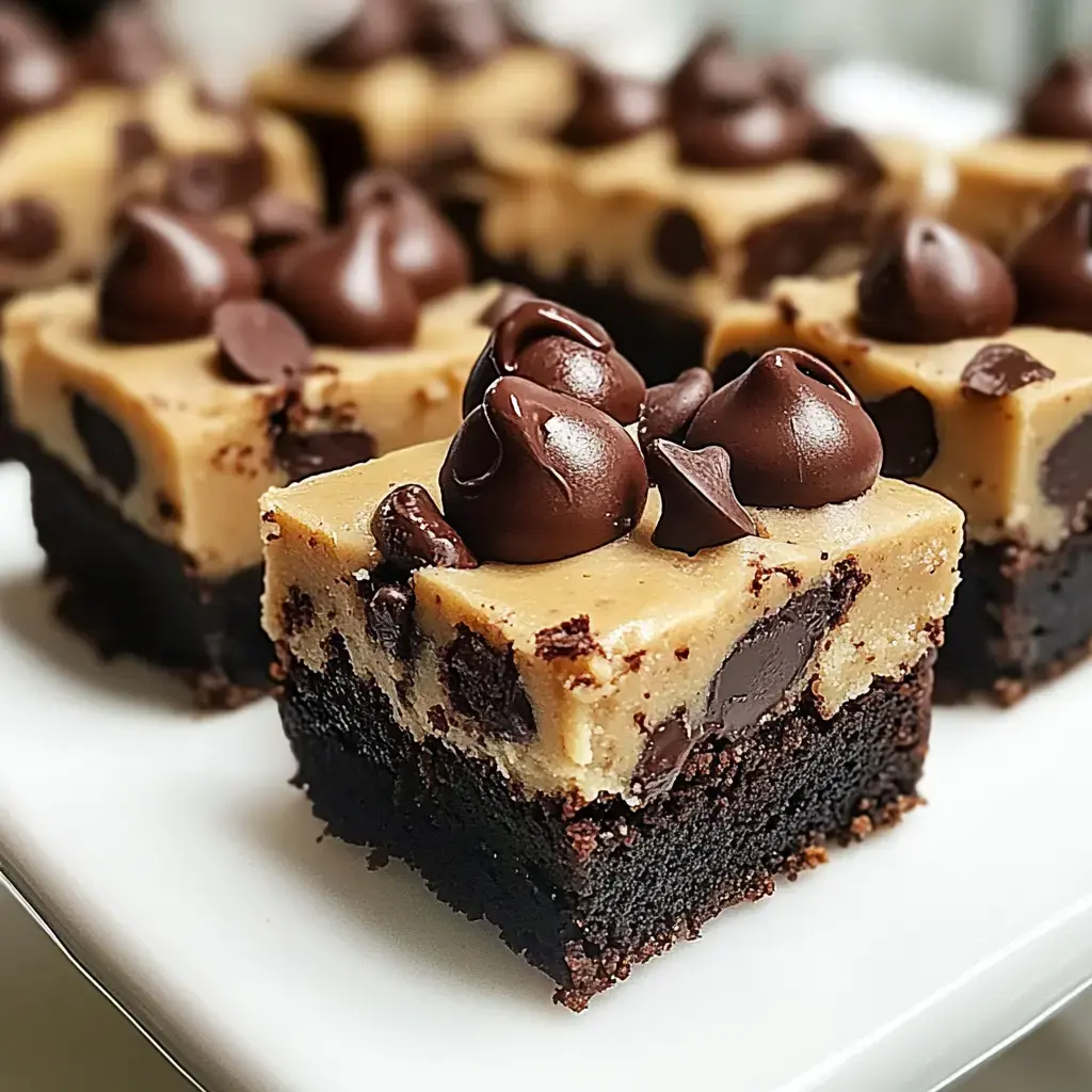 Close de bites de brownie com cobertura de massa de cookie e gotas de chocolate.