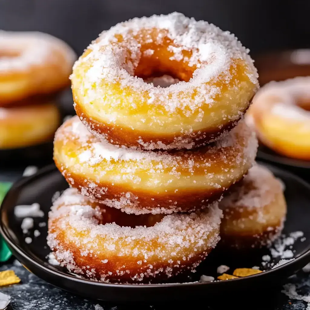 Quatro donuts cobertos de açúcar em um prato preto, com outros donuts parcialmente visíveis ao fundo.