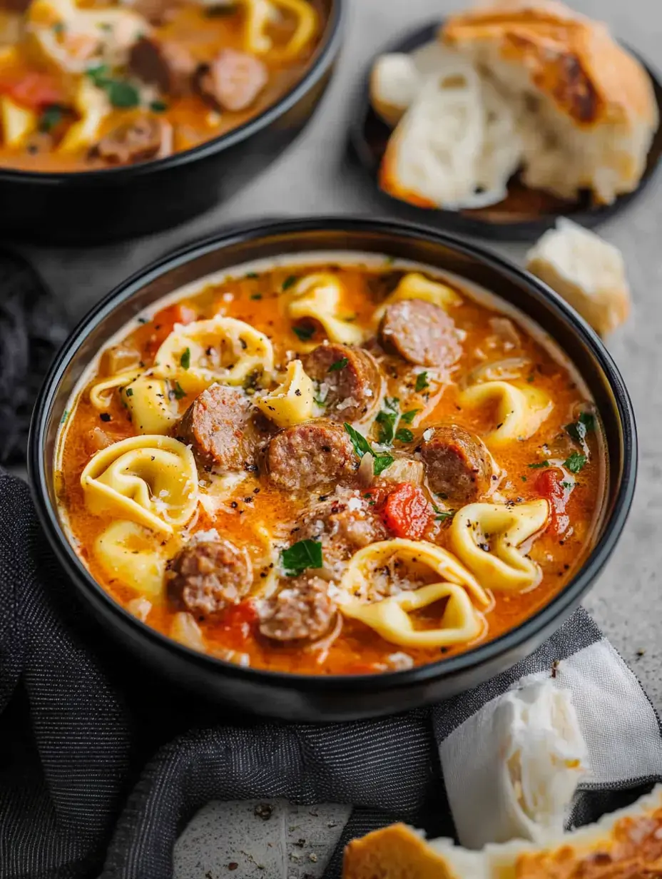 Uma imagem de perto mostrando uma tigela de sopa com salsicha e tortellini, enfeitada com ervas e acompanhada de fatias de pão.
