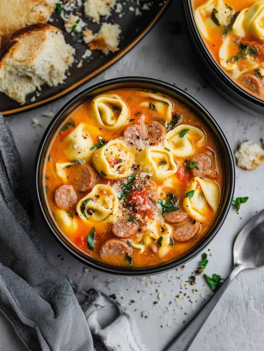 Uma imagem próxima de uma tigela de sopa recheada com tortellini e linguiça, decorada com ervas e queijo, ao lado de pedaços de pão num prato.