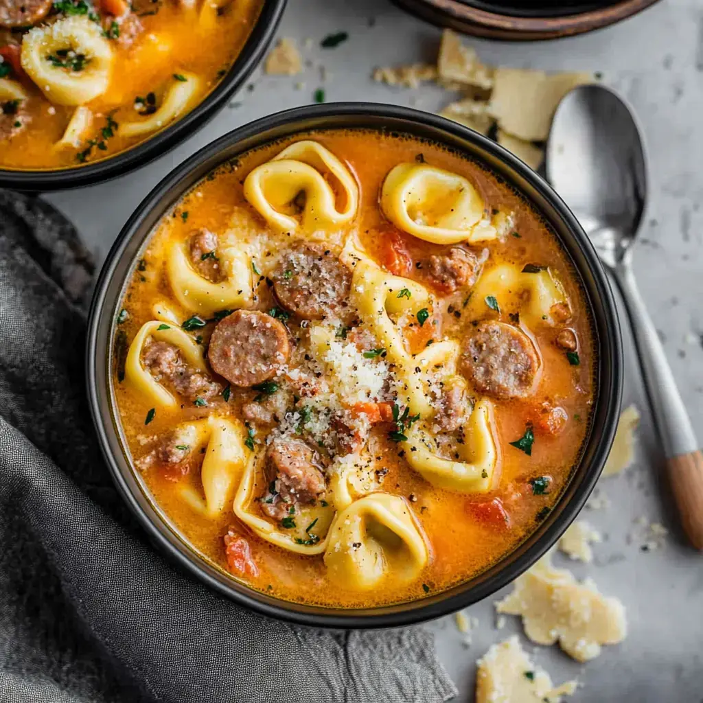 Uma imagem de perto de uma tigela de sopa cremosa de tortellini com linguiça e ervas, coberta com queijo ralado, num fundo cinza.