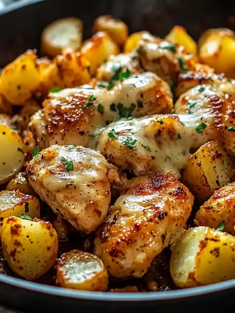 Uma vista de perto de uma frigideira cheia de pedaços de frango dourados e batatas crocantes, decorados com ervas frescas.