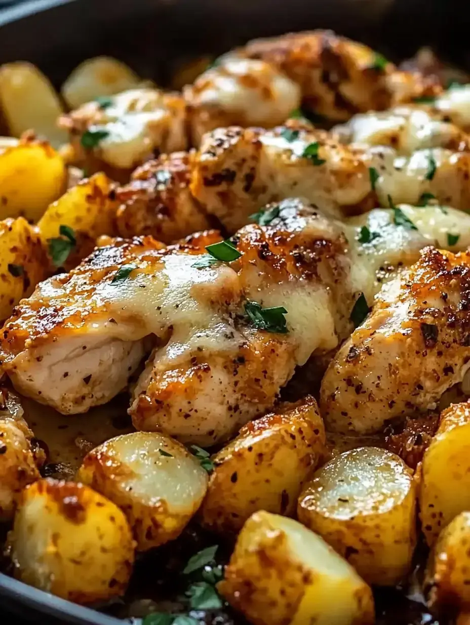Um close de peitos de frango assados cobertos com queijo derretido, servidos ao lado de batatas douradas e decorados com salsinha fresca.