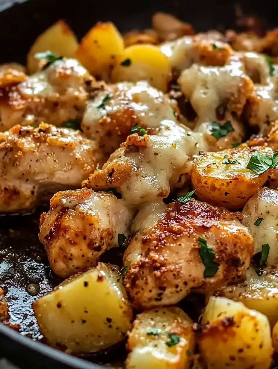 Um close de pedaços de frango temperados cobertos com queijo derretido e rodeados por batatas douradas, decorados com salsinha numa frigideira.
