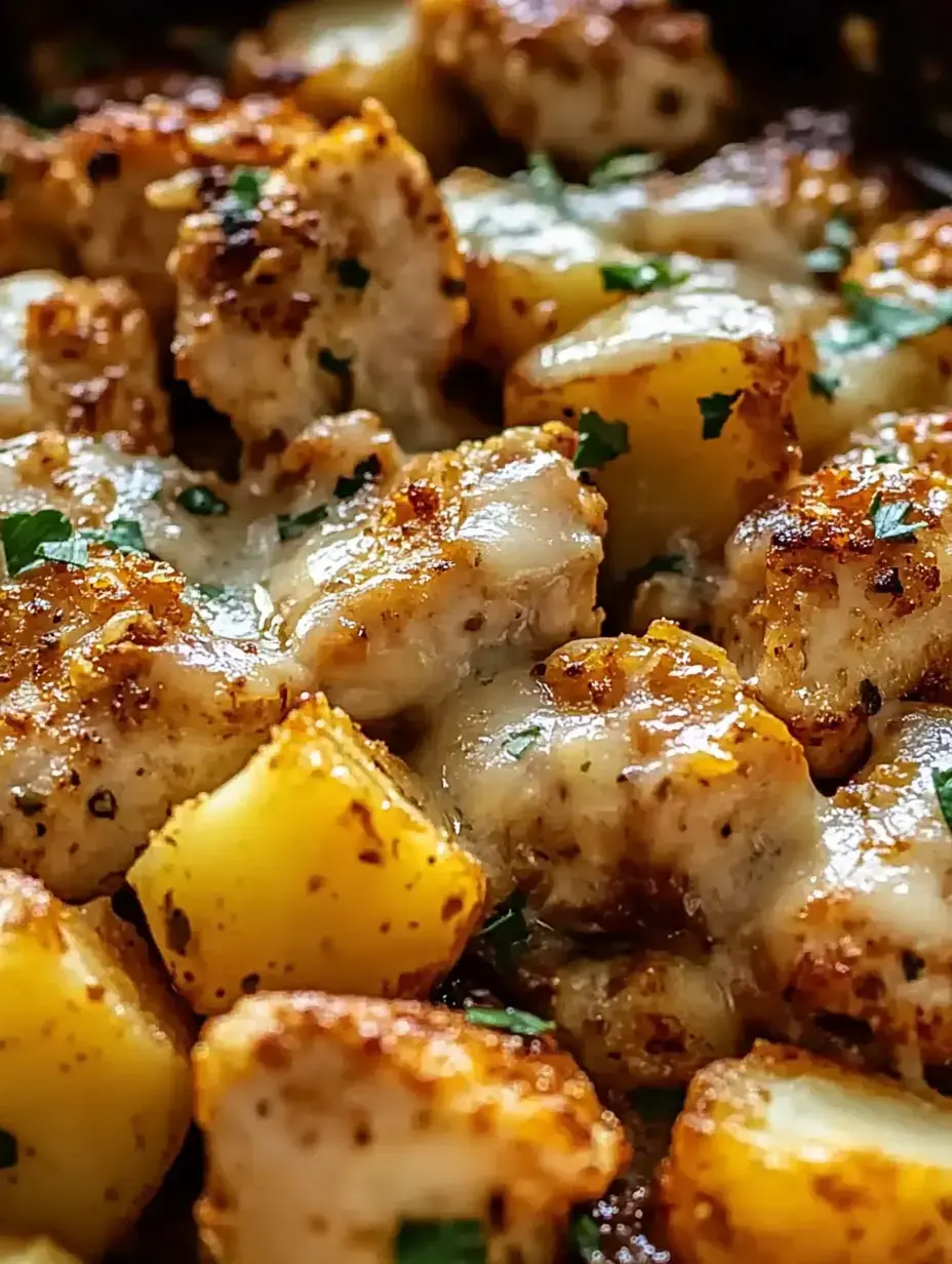 Um close de pedaços dourados de frango e batatas refogados, cobertos com queijo derretido e decorados com ervas frescas.