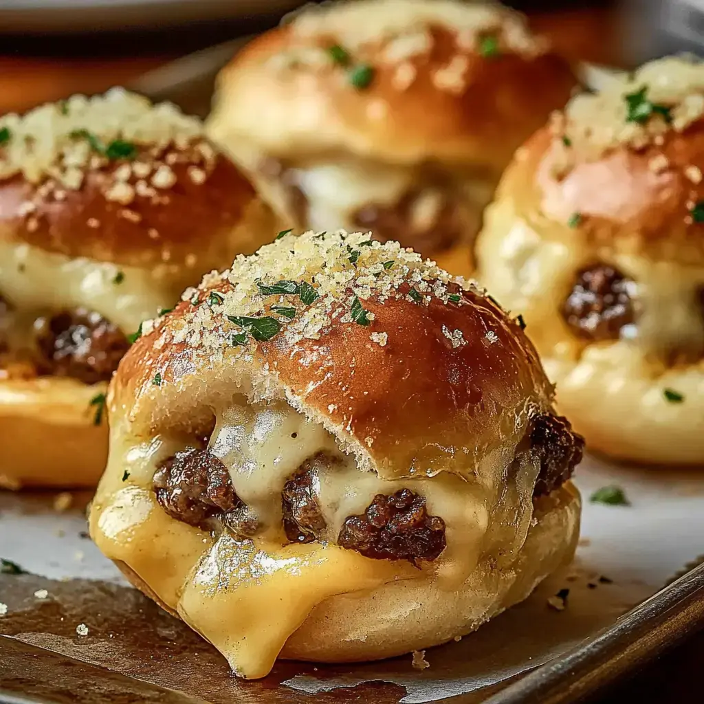 Um close de pãezinhos macios dourados recheados com queijo derretido e carne moída, cobertos com farinha de rosca e salsinha.