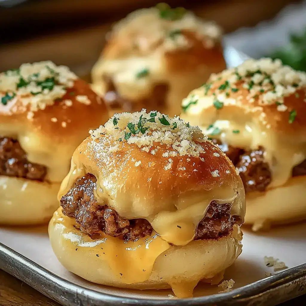 Um close de pãezinhos macios cheios de queijo e carne, decorados com ervas e farinha de rosca.