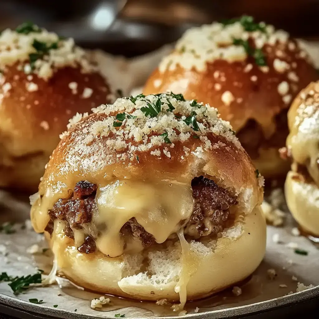 Um close de pãezinhos macios recheados com carne e queijo, cobertos com salsinha e farinha de rosca numa bandeja.