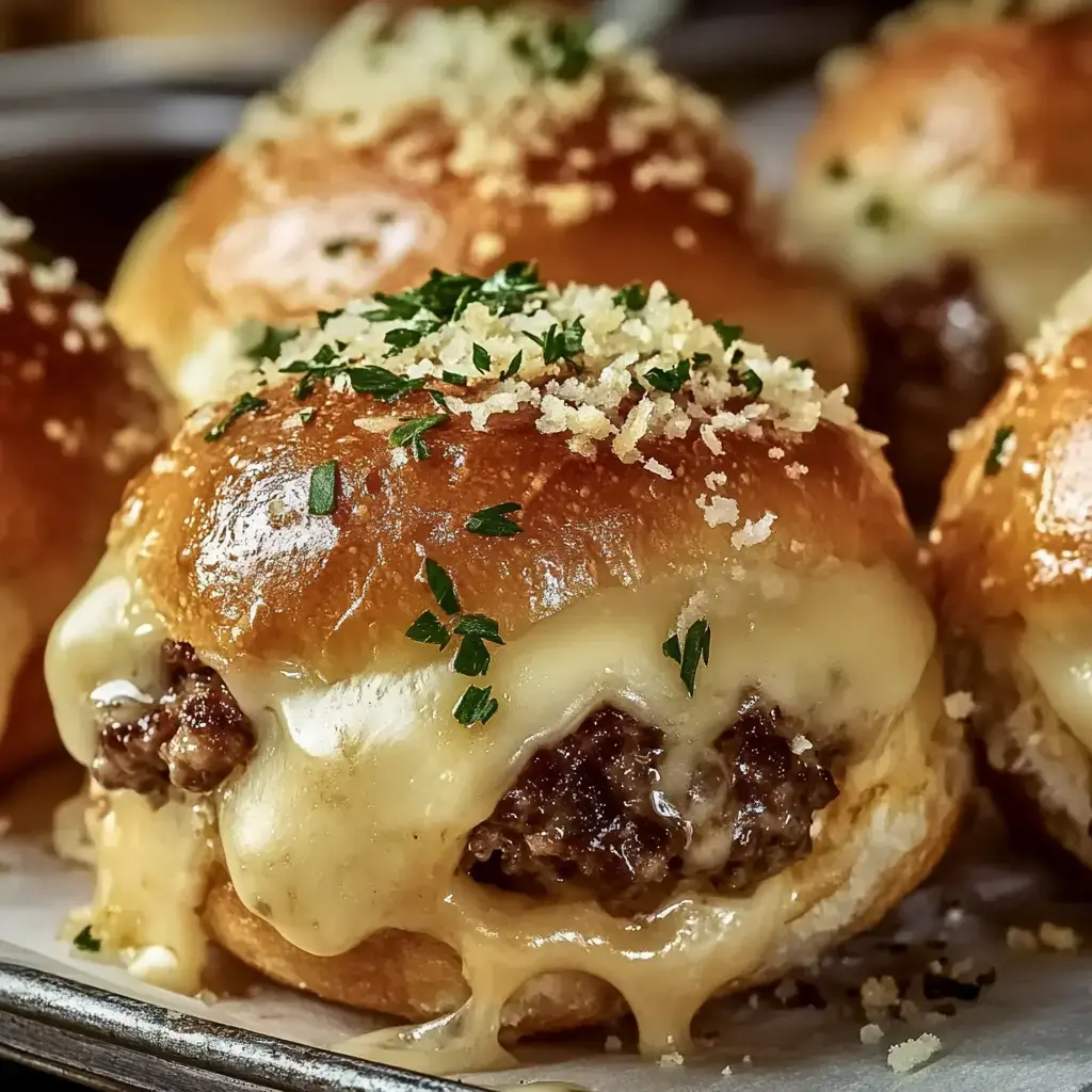 Um close de hambúrgueres recheados com queijo e carne, cobertos com farinha de rosca e salsinha numa forma.
