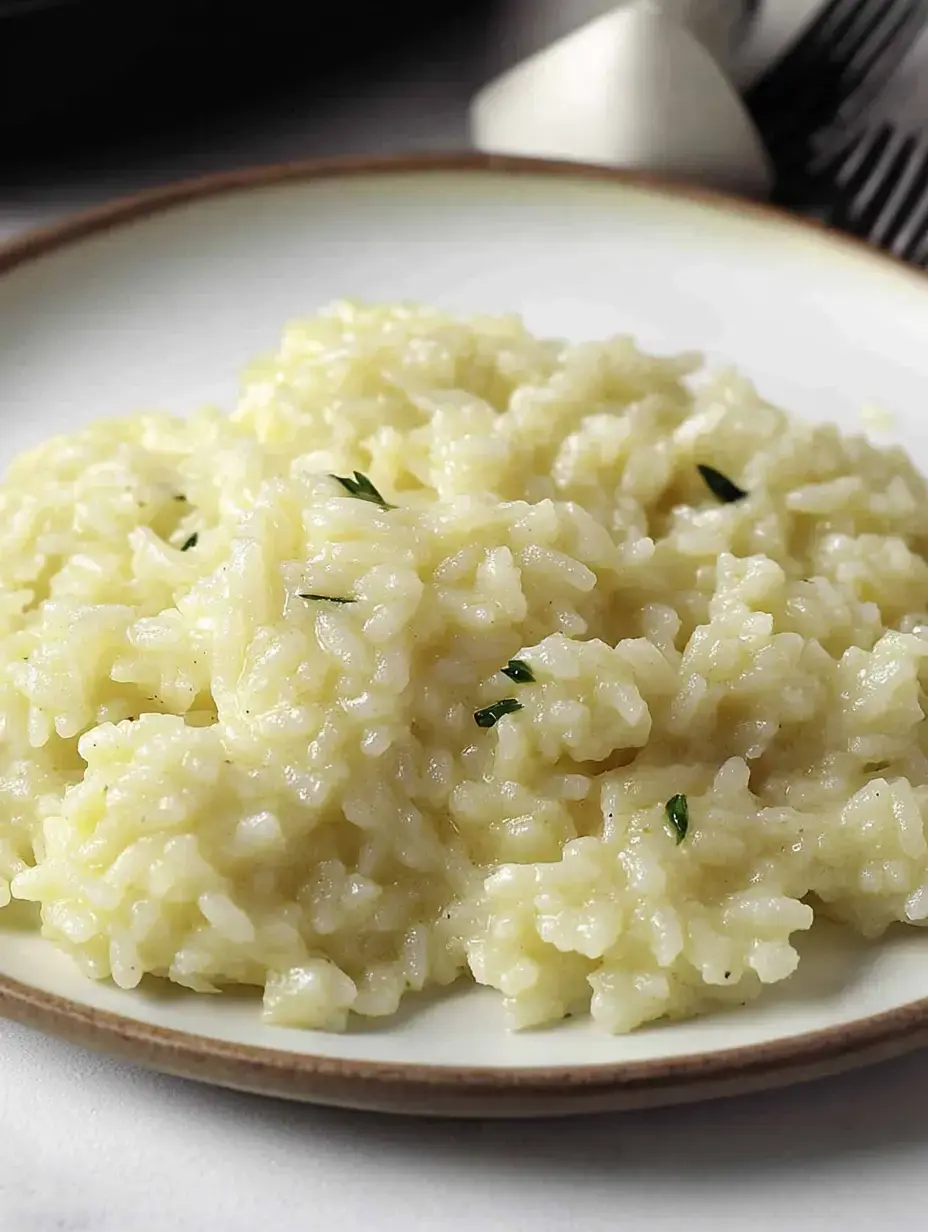 Um prato de risoto cremoso decorado com pedacinhos de ervas verdes.