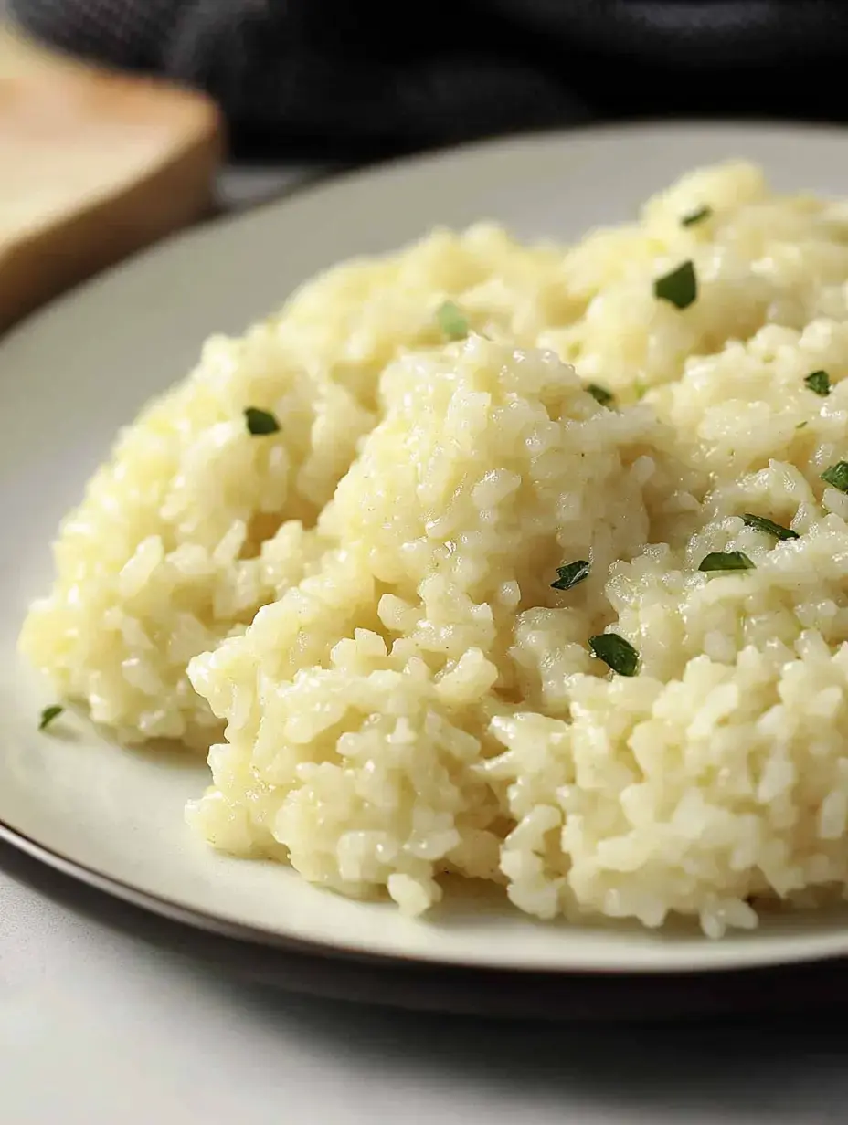 Um prato de arroz cremoso decorado com ervas verdes em close.