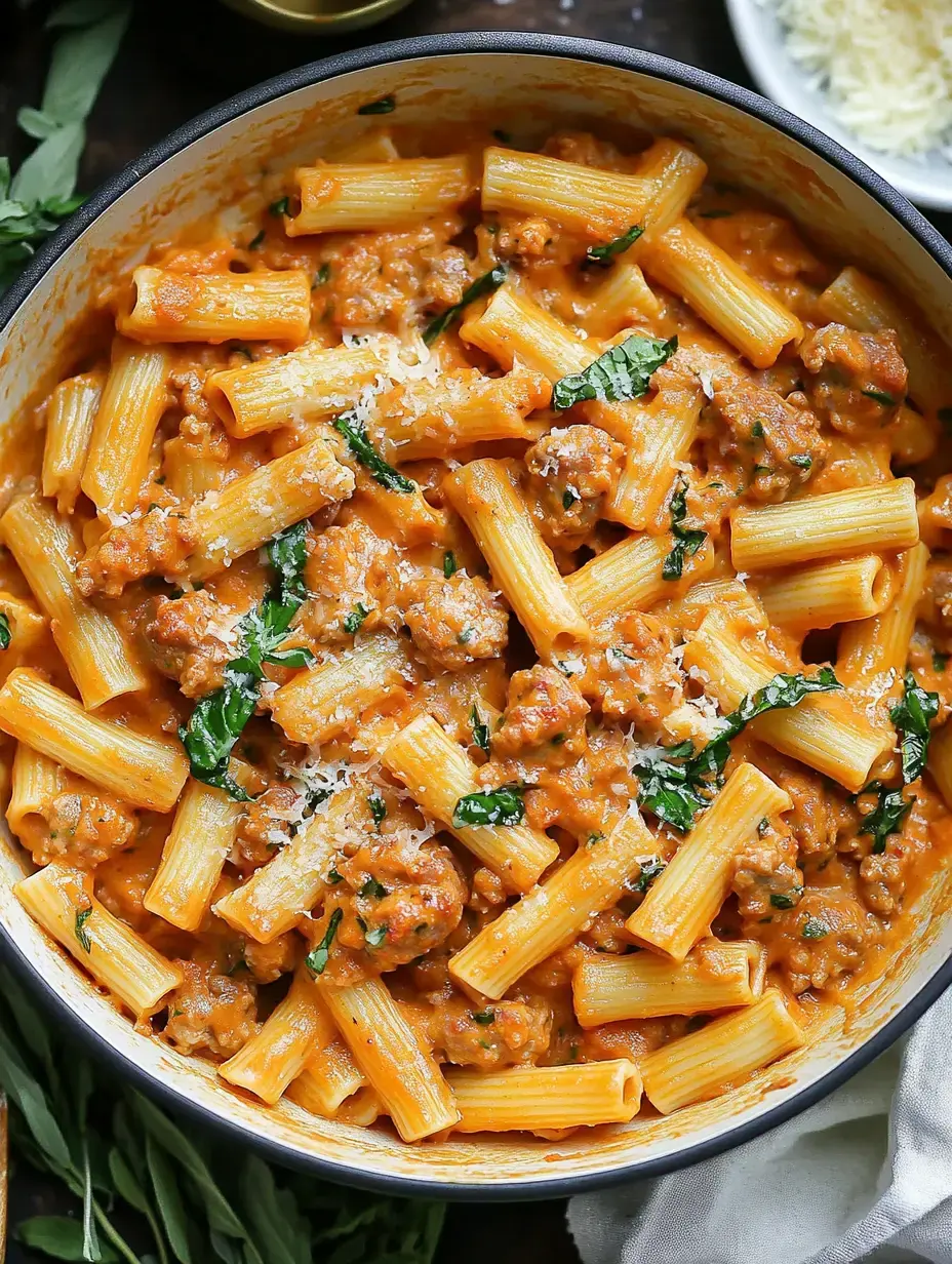 Um prato cremoso de massa com rigatoni misturado com linguiça, ervas e coberto com queijo ralado.