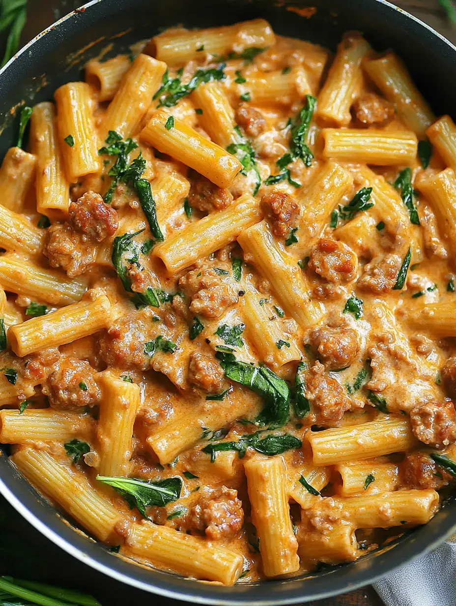 Um close de um prato de massa cremosa com rigatoni, pedaços de linguiça e ervas verdes numa frigideira.