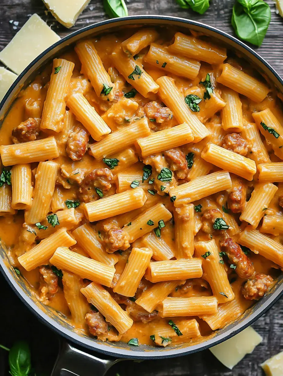 Uma visão de perto do rigatoni com molho cremoso e pedaços de linguiça, enfeitado com manjericão picado, numa frigideira, acompanhado por pedaços de queijo no fundo.