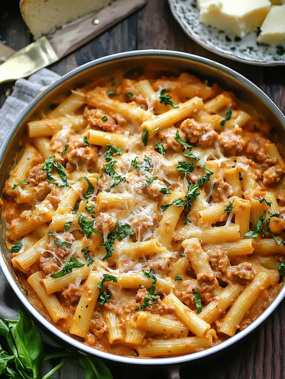 Uma frigideira cheia de massa rigatoni cremosa coberta com carne moída e ervas frescas, servida com fatias de pão e manteiga.