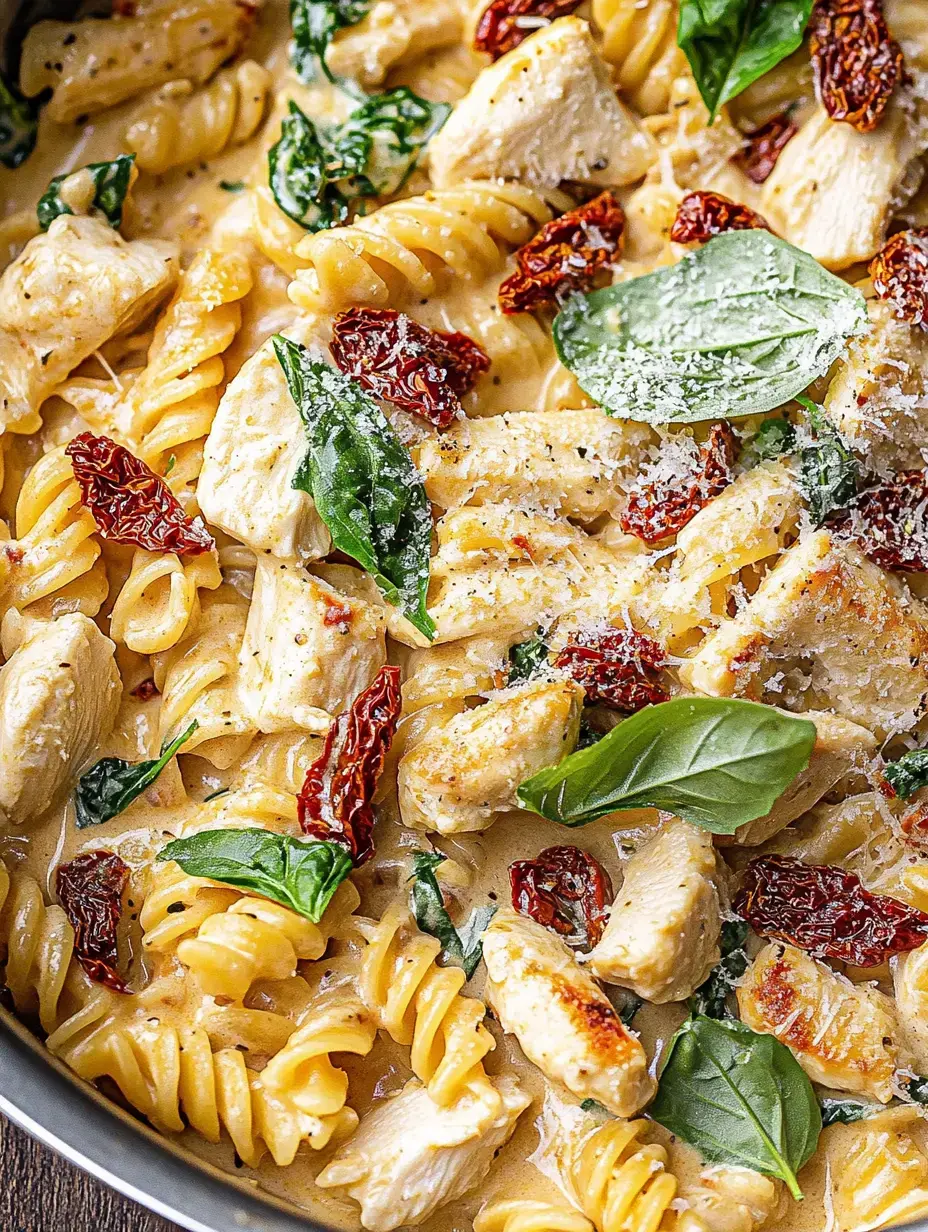 Um prato cremoso de massa fusilli com frango, tomates secos e manjericão fresco.
