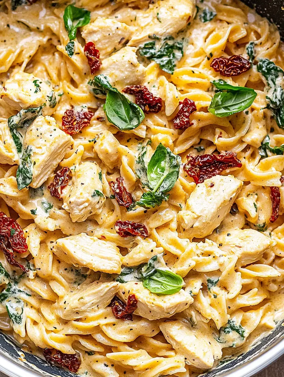 Vista de perto de massa fusilli cremosa misturada com frango, espinafre, tomates secos e manjericão fresco.
