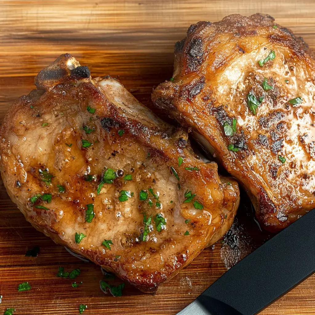 Duas costeletas de porco grelhadas decoradas com salsa fresca, posicionadas numa tábua de madeira ao lado duma faca.