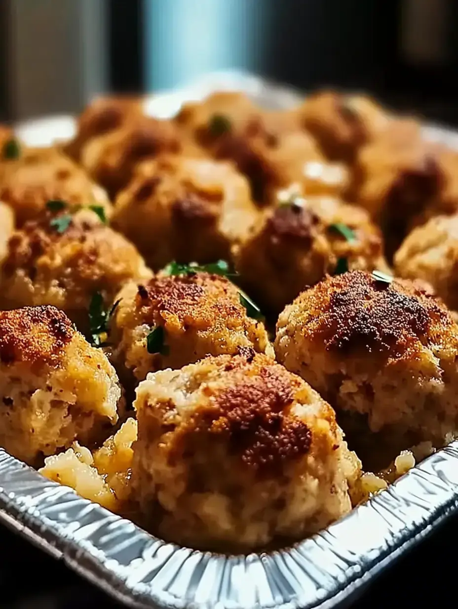 Um close de bolinhas de farofa douradas e empanadas, decoradas com salsa, servidas numa bandeja de alumínio.