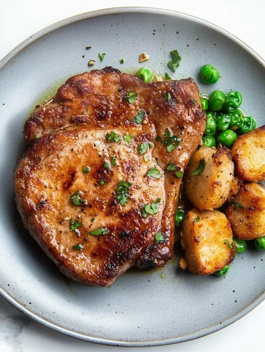 Um prato de costeleta de porco cozida decorada com ervas picadas, acompanhada de ervilhas verdes e batatas assadas douradas.