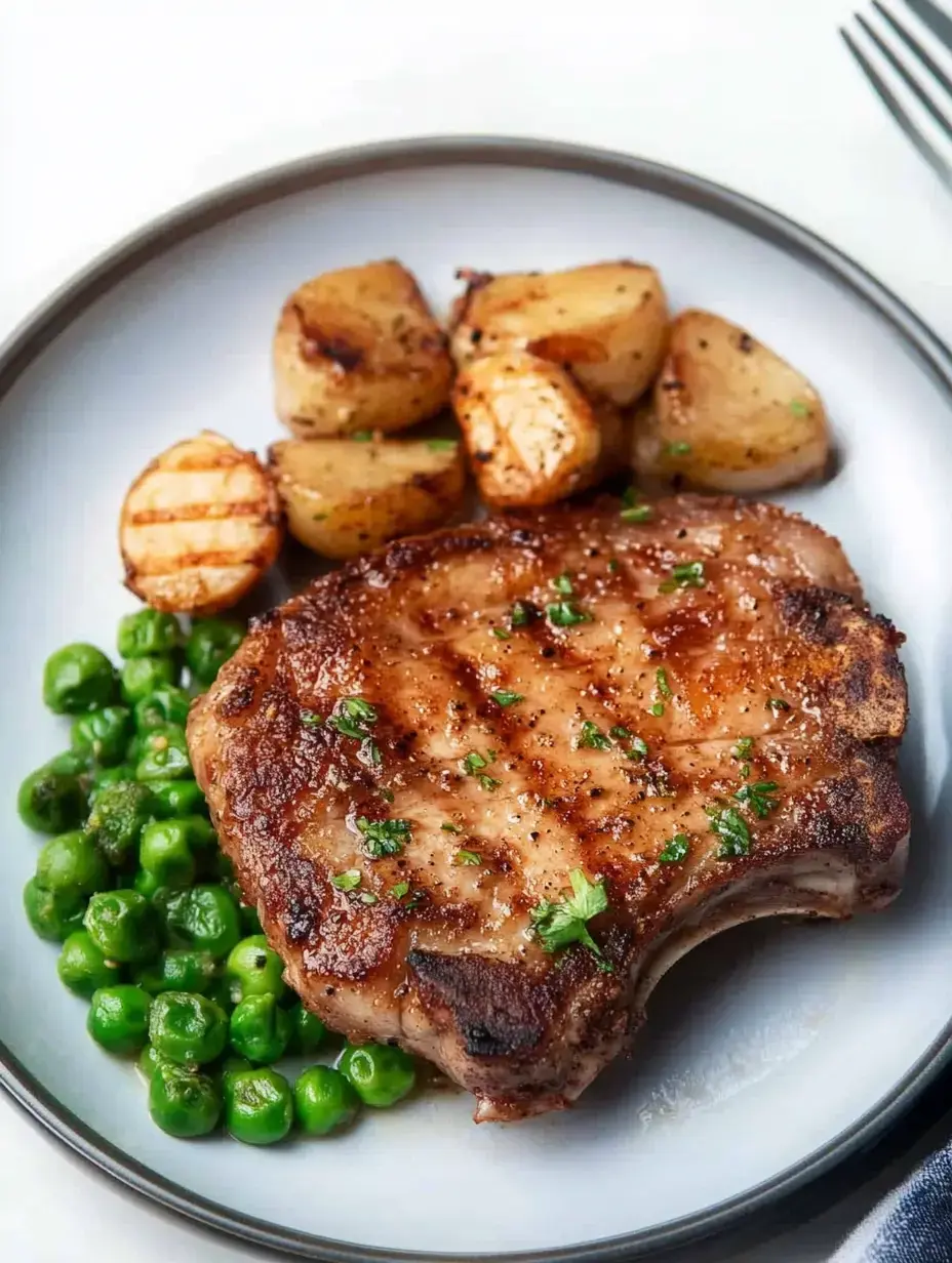 Uma costeleta de porco grelhada é servida num prato com ervilhas verdes e batatas assadas.