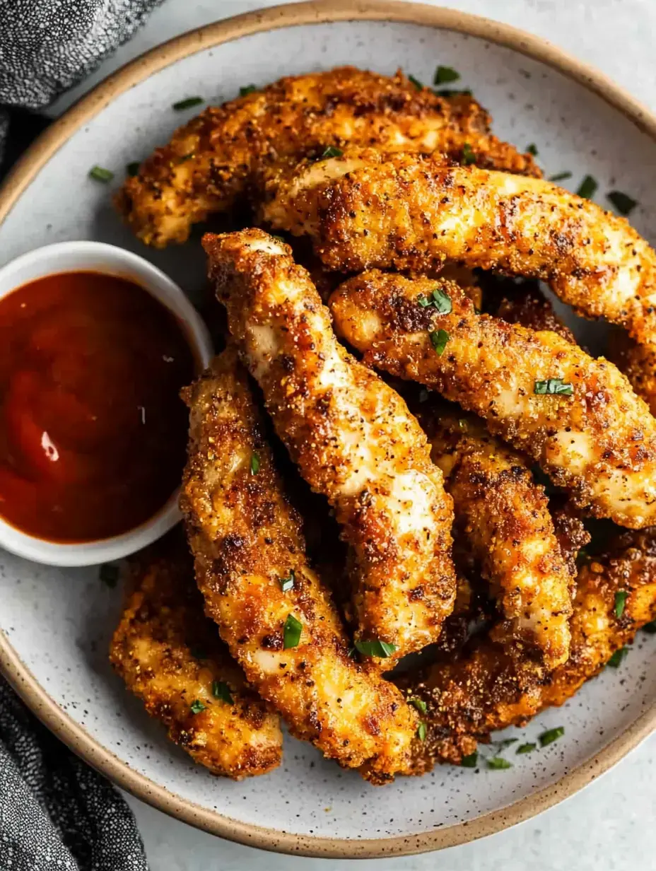 Um prato de tiras de frango crocantes e douradas decoradas com ervas verdes, acompanhado de um potinho de molho para mergulhar.