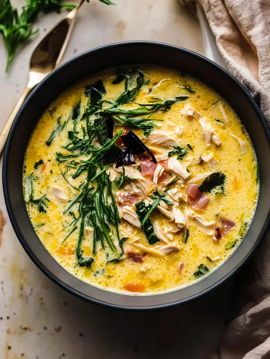 Uma tigela de sopa cremosa com frango desfiado, folhas verdes vibrantes e um caldo amarelado encorpado.