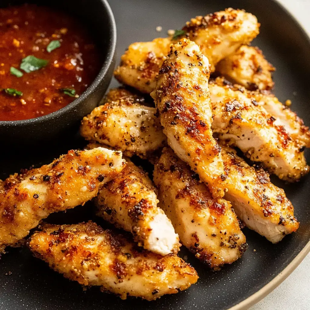Um prato com tiras de frango crocantes e douradas servido ao lado de um potinho com molho vermelho para mergulhar.