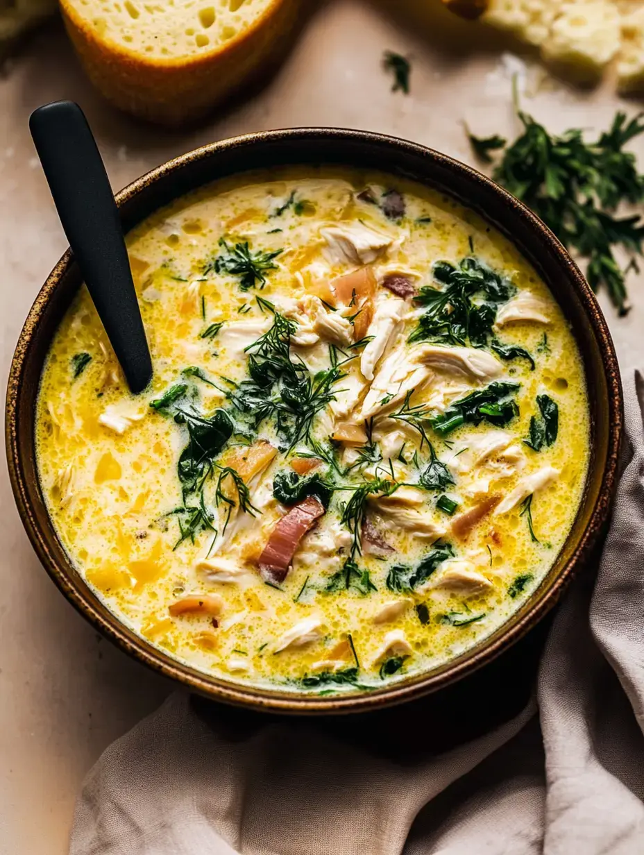 Um close de uma tigela de sopa cremosa de frango com espinafre decorada com ervas frescas, acompanhada de fatias de pão.