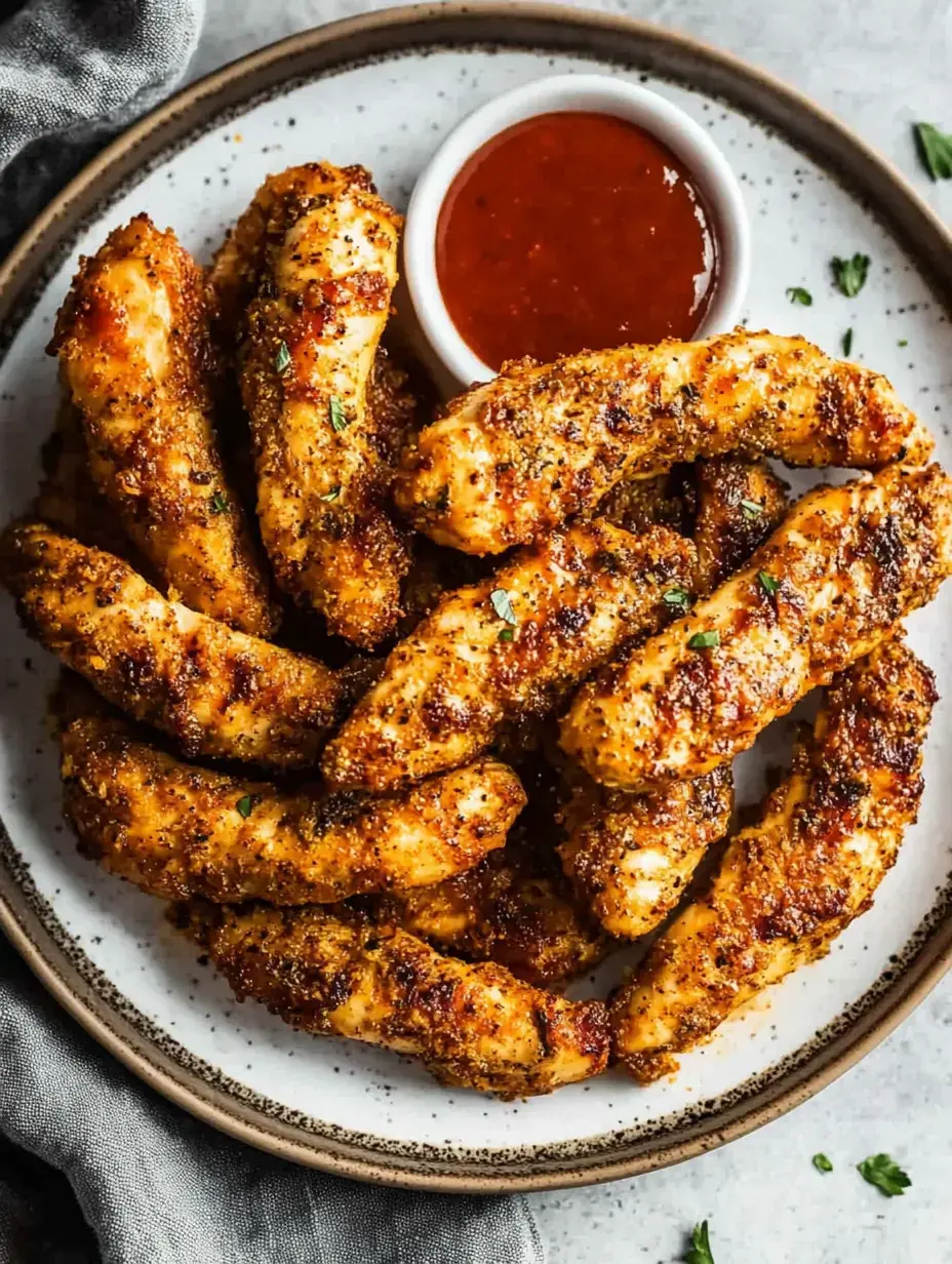 Um prato de tiras de frango douradas e crocantes servido com um potinho de molho para mergulhar.