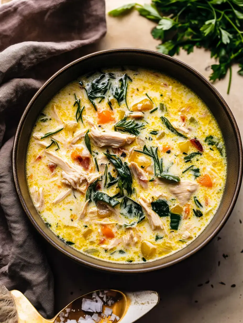 Um close de uma tigela de sopa cremosa de frango cheia de vegetais e folhas verdes, acompanhada de uma colher de prata com sal.