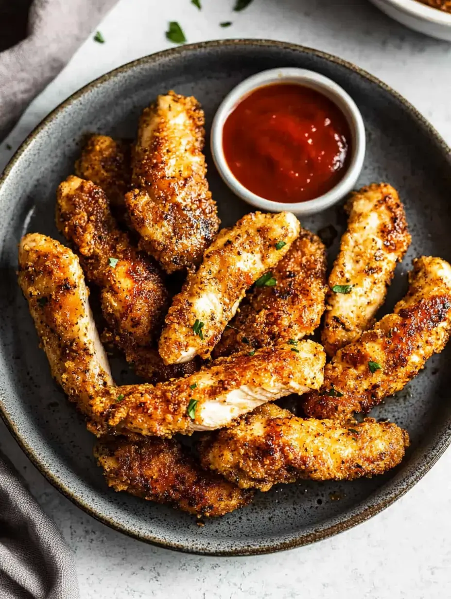 Um prato de tiras de frango douradas com um potinho de molho para mergulhar por perto.