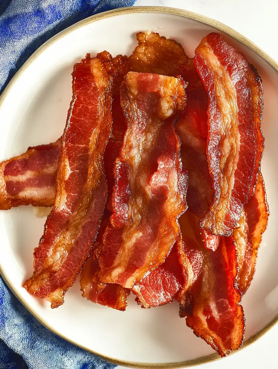 Um prato com fatias de bacon crocante colocadas organizadamente numa travessa branca.