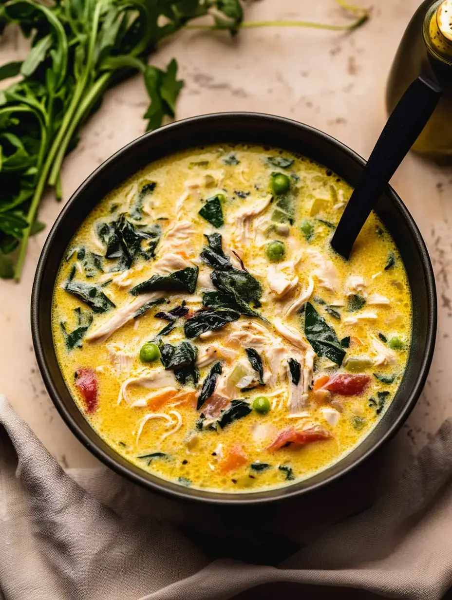 Um close de uma tigela de sopa cremosa de frango com folhas verdes, ervilhas e frango desfiado, sobre uma superfície texturizada com uma raminho de ervas ao lado.